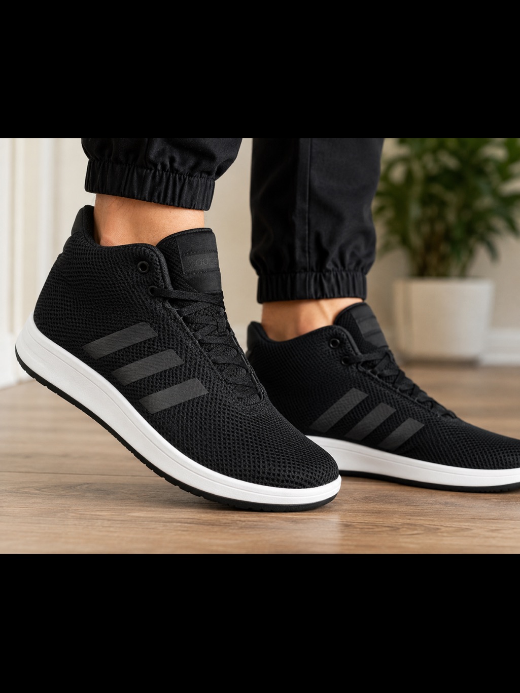 Adidas Fitfoam Men’s 11 Black Mid Top Mesh Sneakers White Sole Athletic Shoes